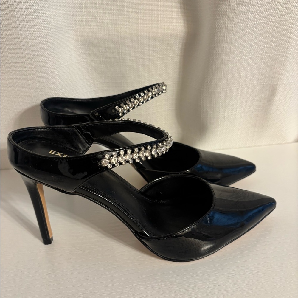 Express Black Heels with Rhinestone Strap